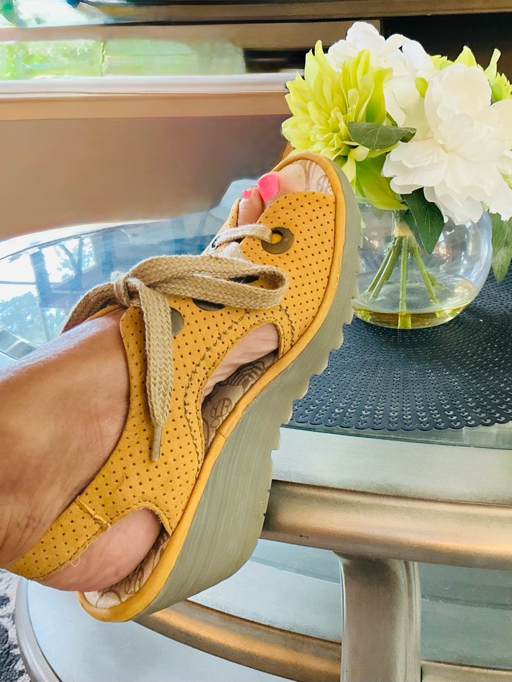 FLY London Chunky Fall Casual Wedge Lace Up Autumn Yellow Slingback Style SZ 9